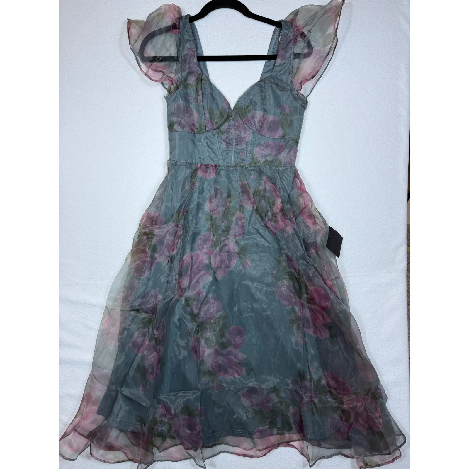 Lulus Slate Floral Organza Ruffled Midi Dress  Flutter Sleeve A Line SM New - Image 2