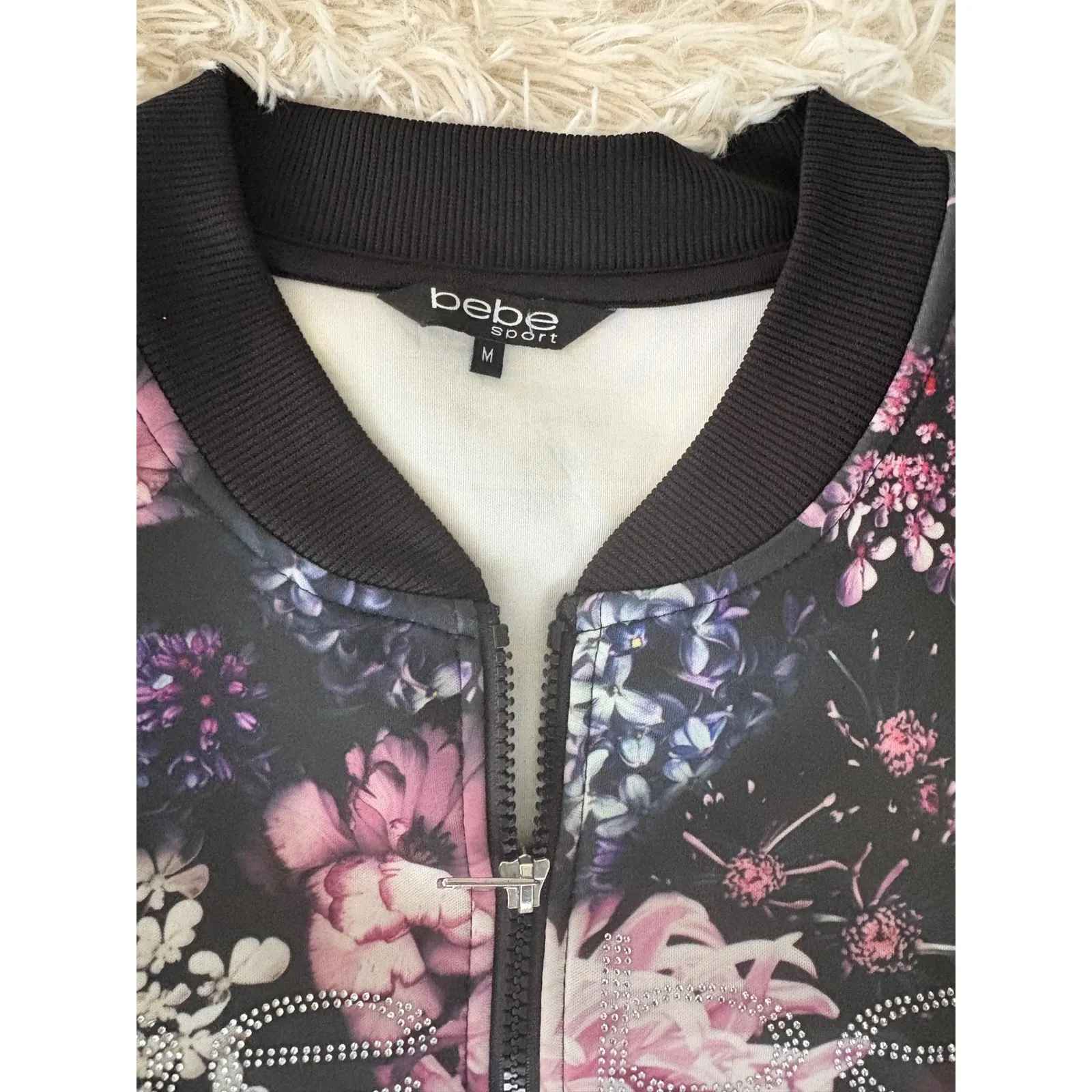 Bebe Sport Floral Bomber Jacket Women's Medium Multicolor Rhinestone Accents - Image 4