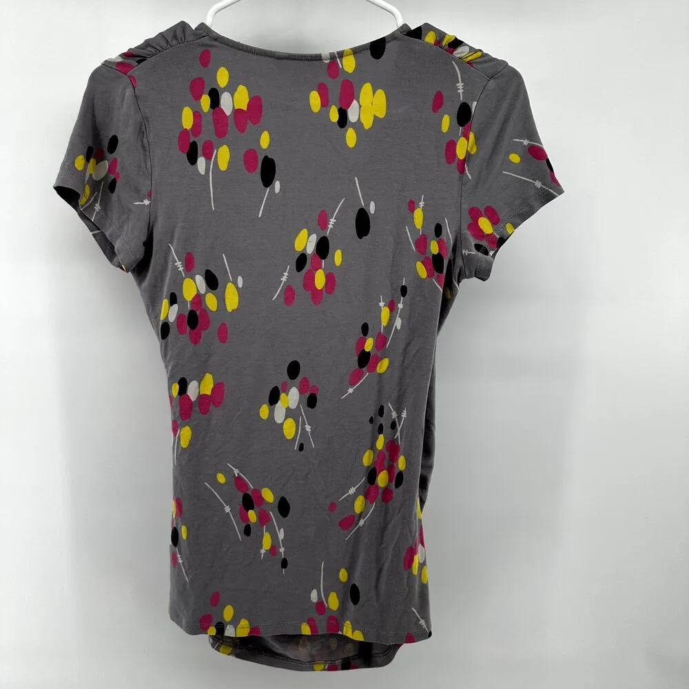 Boden Jersey Wrap Top Floral Surplice Deep V Neck Side Ruched Casual Gray 8R Size 8 - Image 4