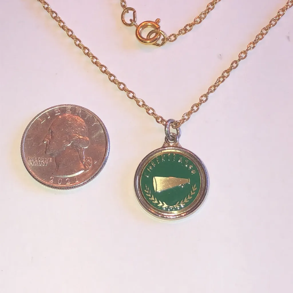 Green Enamel and Gold Tone Vintage Cheerleader Pendant Necklace - Image 3