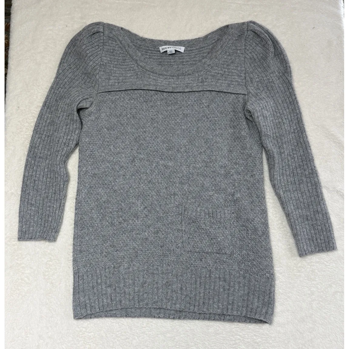 SEE BY CHLOE Gray Tightknit 1/2 Sleeve Designer Sweater Sz US 2 - Image 2