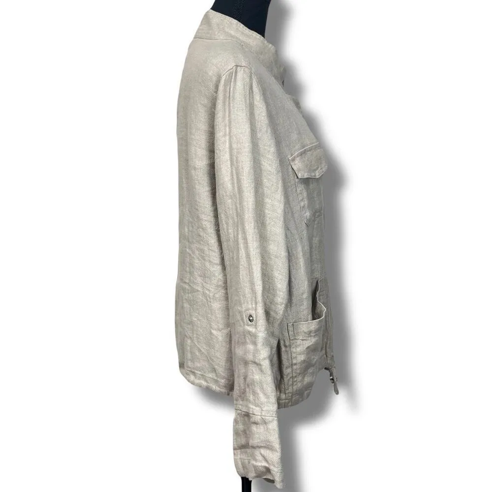 Linen Button Front Shacket Shirt Jacket Oatmeal Beige Size Med - Image 4