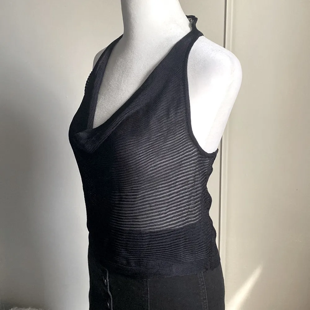 Free People Black Ribbed Semi-Sheer Cowl Neck Racerback Sweater Cami Tank Top - Image 3