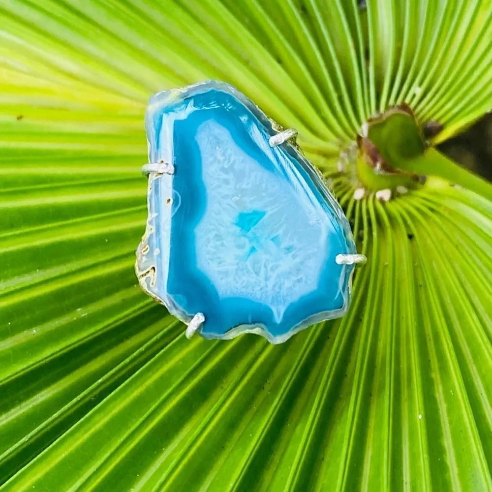 Marine Blue Agate Geode Sterling Silver Ring Size 6 - Image 7