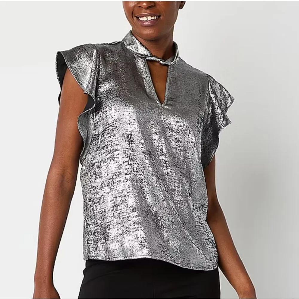 Worthington 0X Shimmering Silver Blouse Keyhole Neck Short Sleeve Satin - Image 10