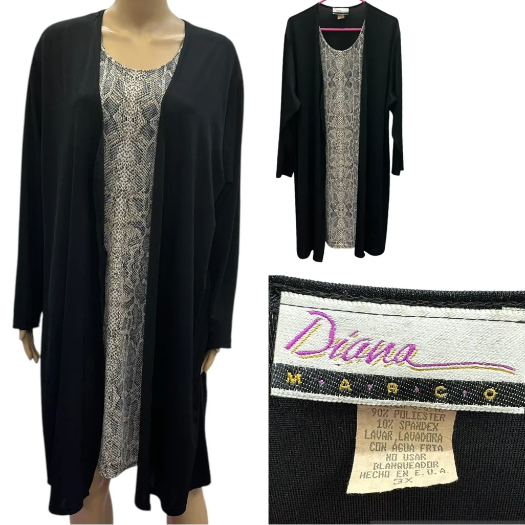 Vintage Diana Marco Snakeskin Long Sleeve Lagenlook Midi Dress Womens Plus Sz 3X Black - Image 2