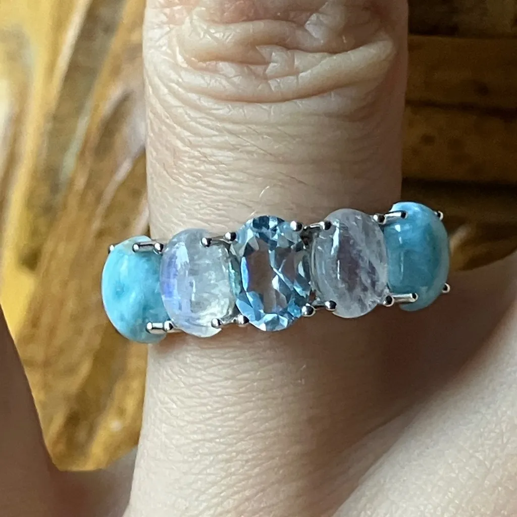 Blue Topaz Rainbow Moonstone Sterling Silver Ring Size 7 - Image 10
