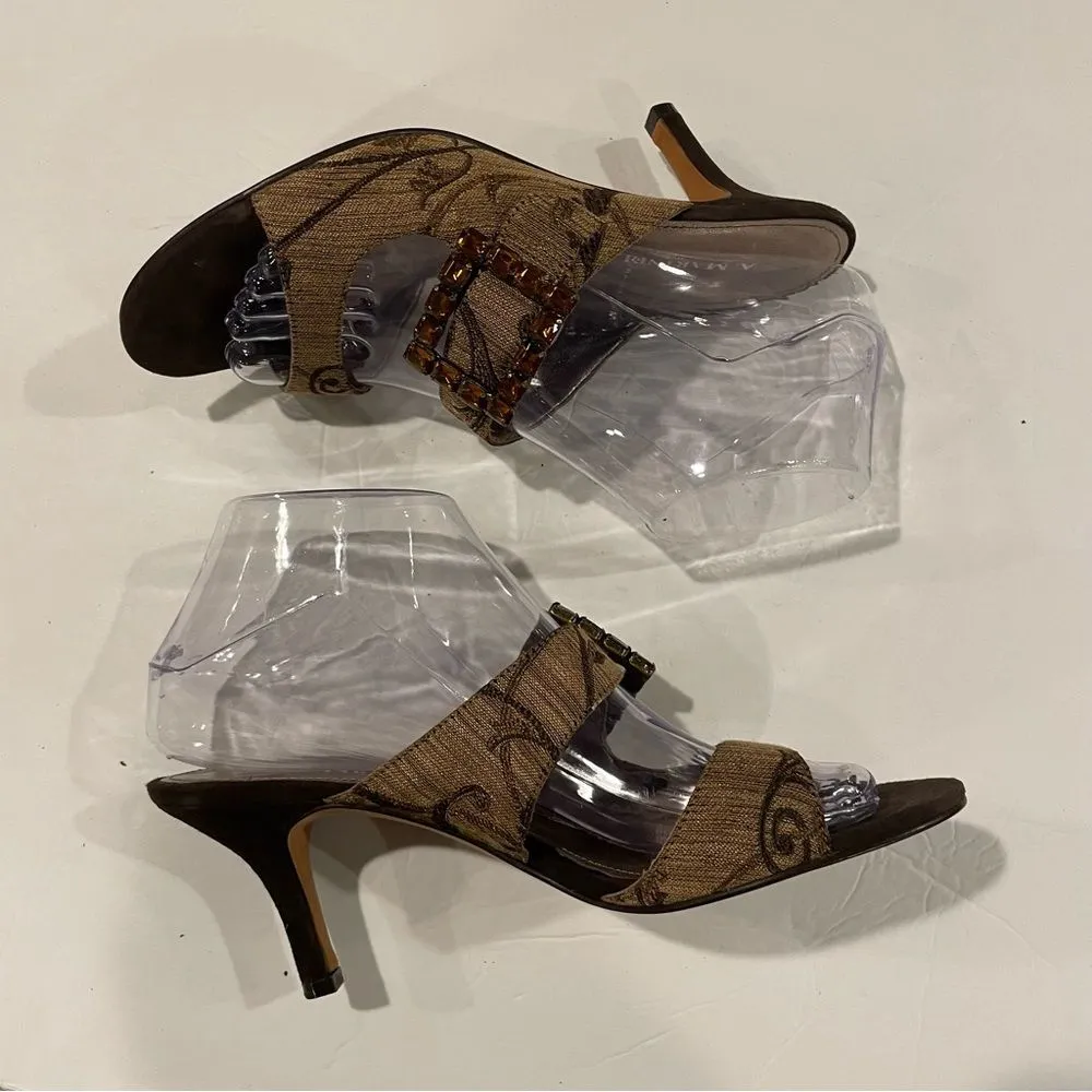 Y2K baroque fabric orange jeweled buckle strapy slides kitten heel luxury Brown Size 7.5 - Image 9