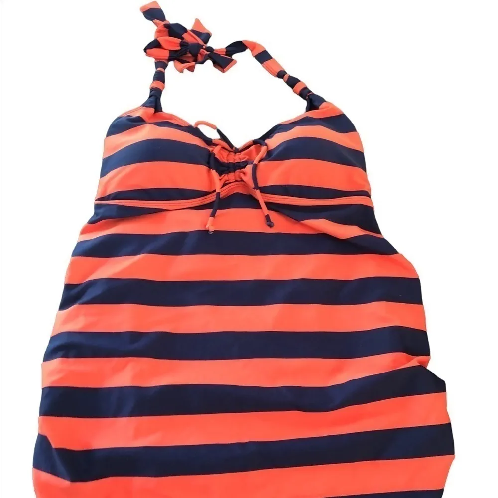 Motherhood Maternity Navy Orange Stripe Tankini Top M Ruched Sides Shelf Bra - Image 2