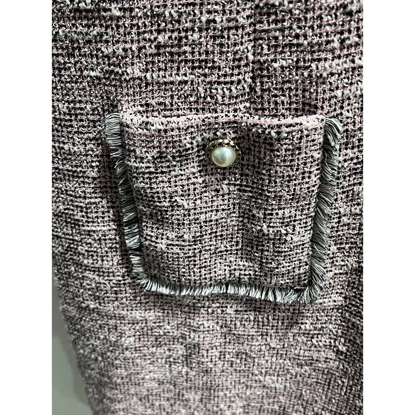 Karl Lagerfeld Paris Pink Tweed Shift Dress 14 Sleeveless Pearl Button Pockets - Image 3