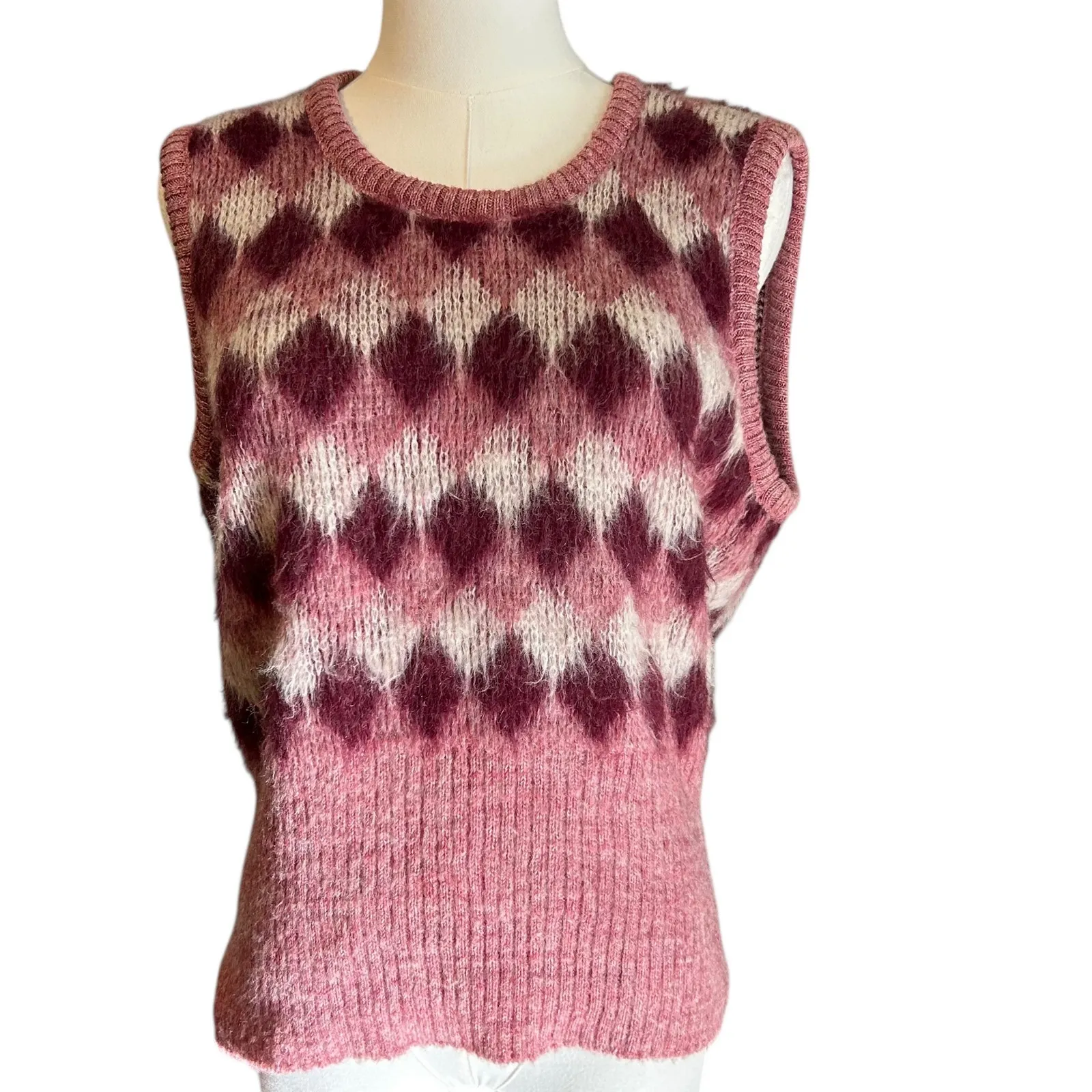 McGregor Vtg Knit Vest USA SZ Med Argyle Pink Burgundy Plaid Lightweight Preppy Red - Image 2