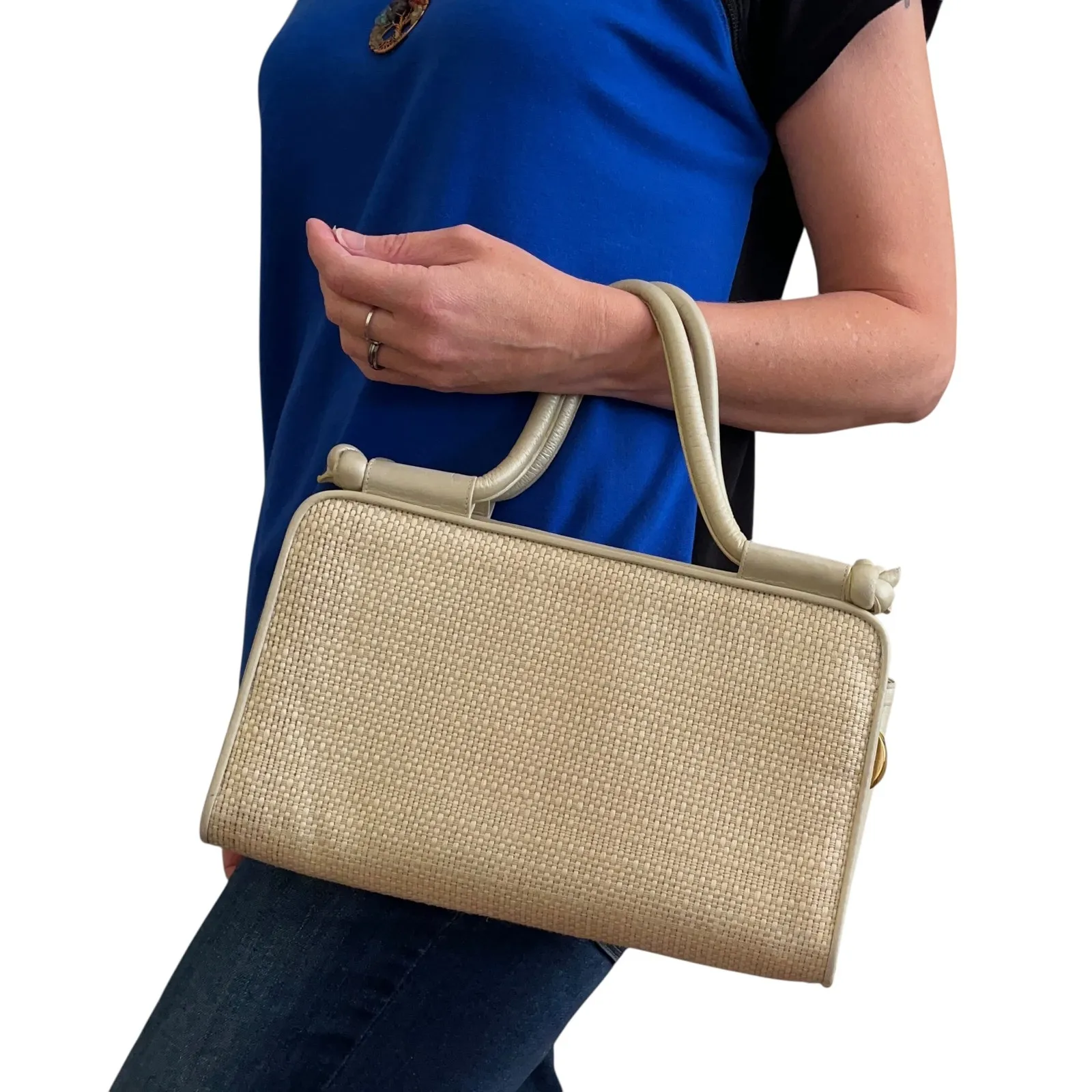 Vintage Stuart Weitzman Shimmering Leather Woven Straw Evening Bag Satchel - Image 2