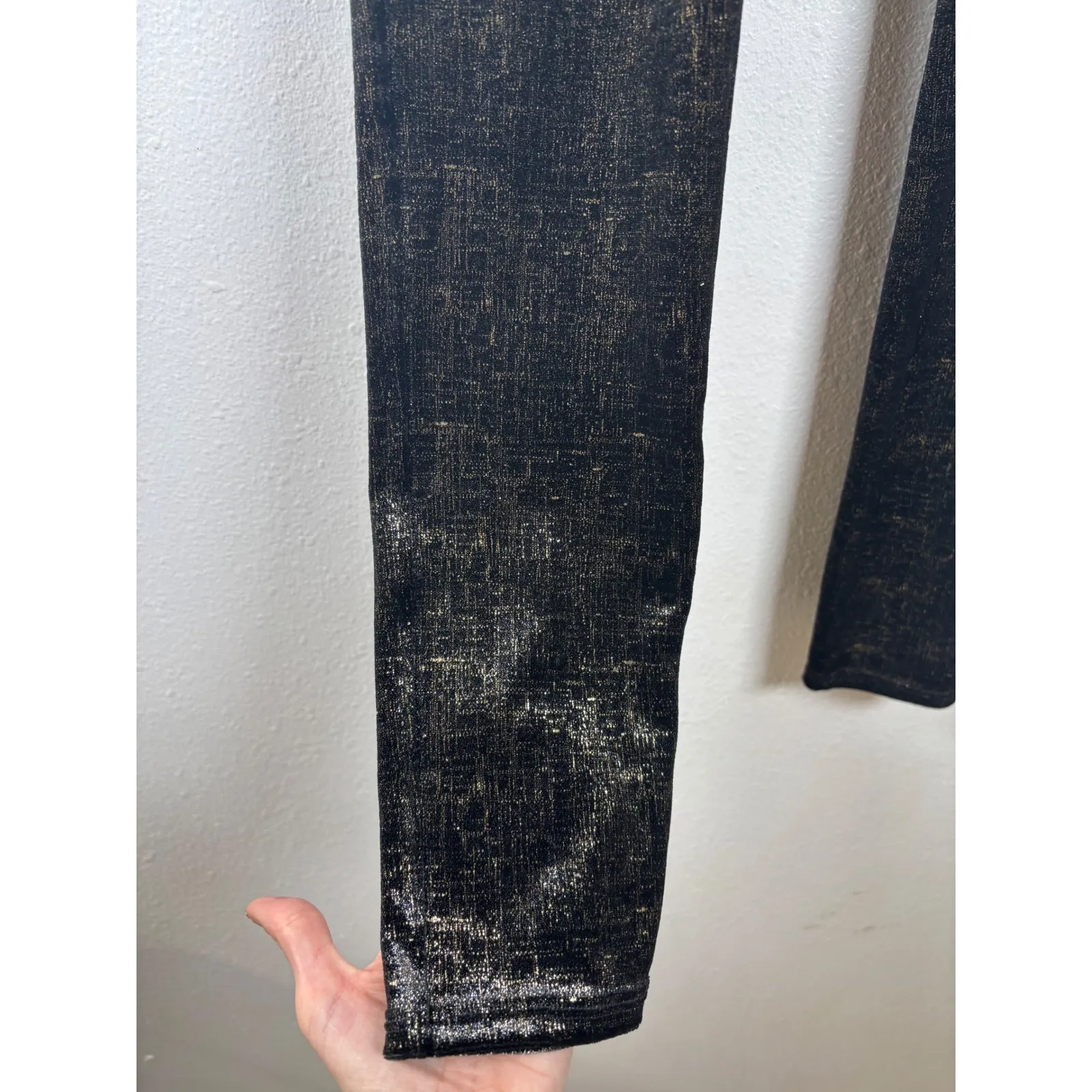 SPANX Shape Small Velvet Black Gold Metallic Textured High Waist Leggings Shine - Image 4