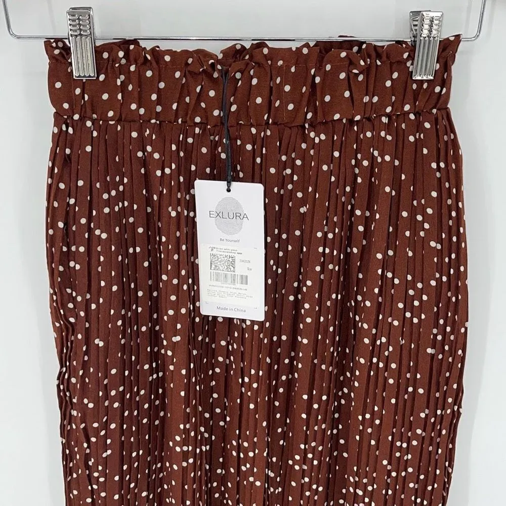 Exlura Women's High Waist Elastic Polka Dot  Pleated Midi Tiered Skirt Brown Sma - Image 2