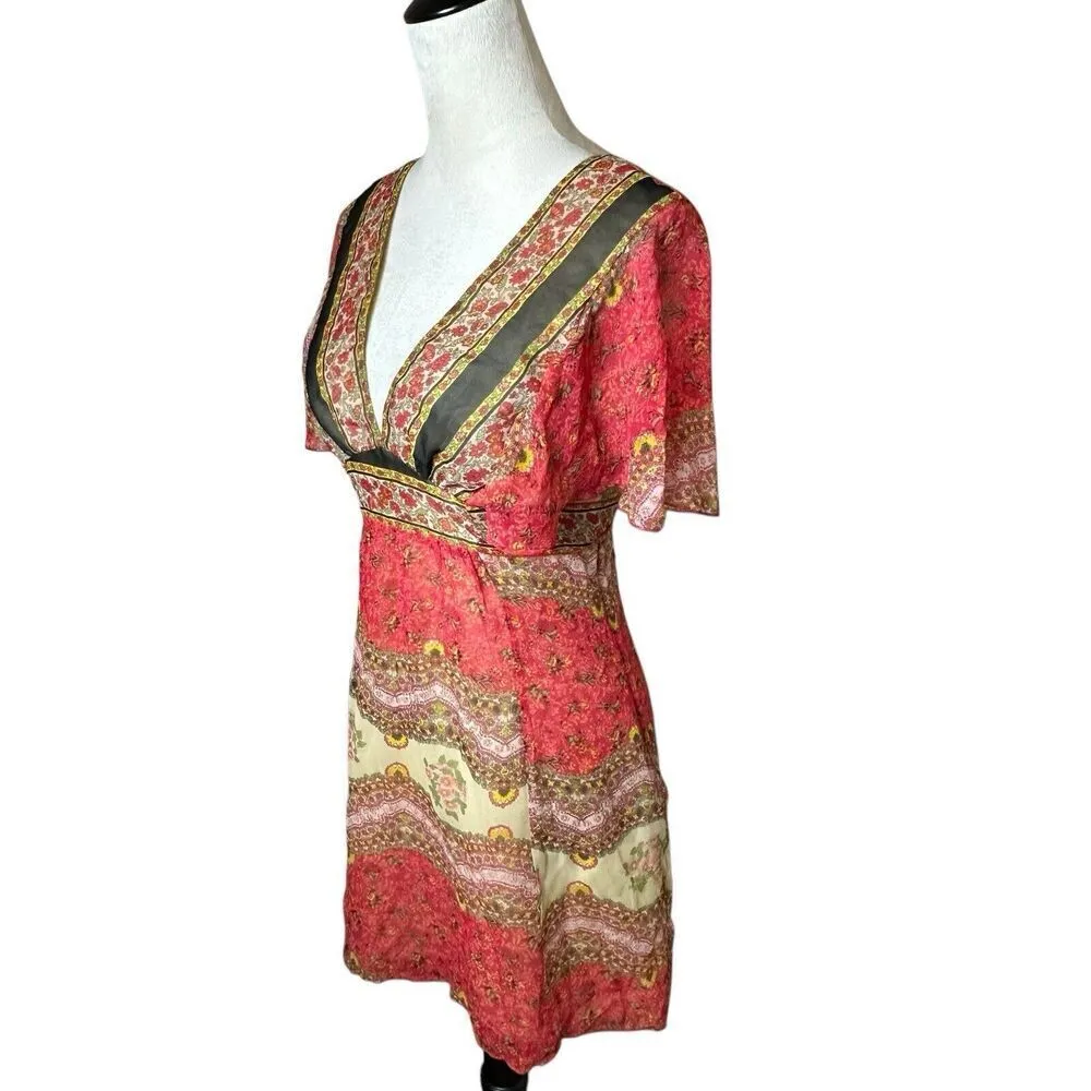 Forever 21 Silk Mini Dress S | Floral Tie Back Empire Plunging V-neck | Y2K Boho - Image 5