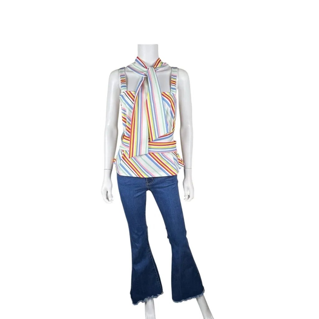 BOSTON PROPER: Rainbow Stripe Sleeveless Blouse with Long Tie Waist - Image 3
