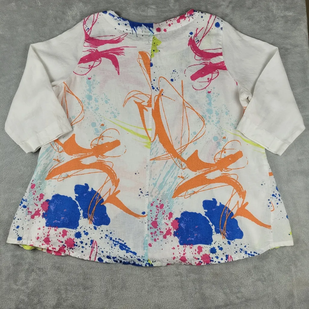 Ali Miles 100% Linen Women's Size 1X Paint Splash Tunic Top Pockets 3/4 Sleeve Pink - Image 9