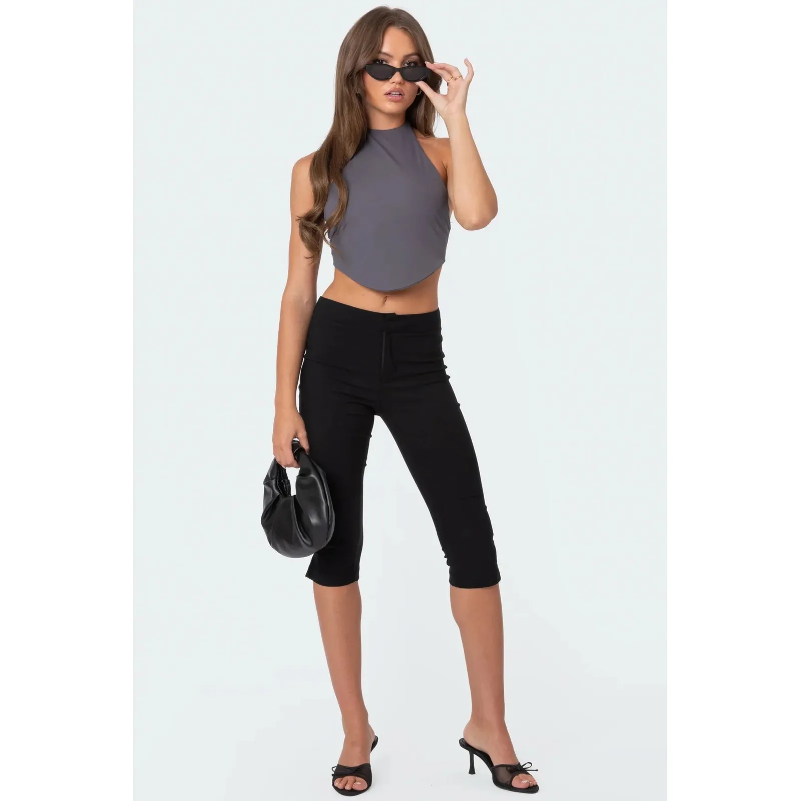 NWT Edikted Raine Curved Halter Top M Women Gray Tie Back Sleeveless Cropped - Image 8