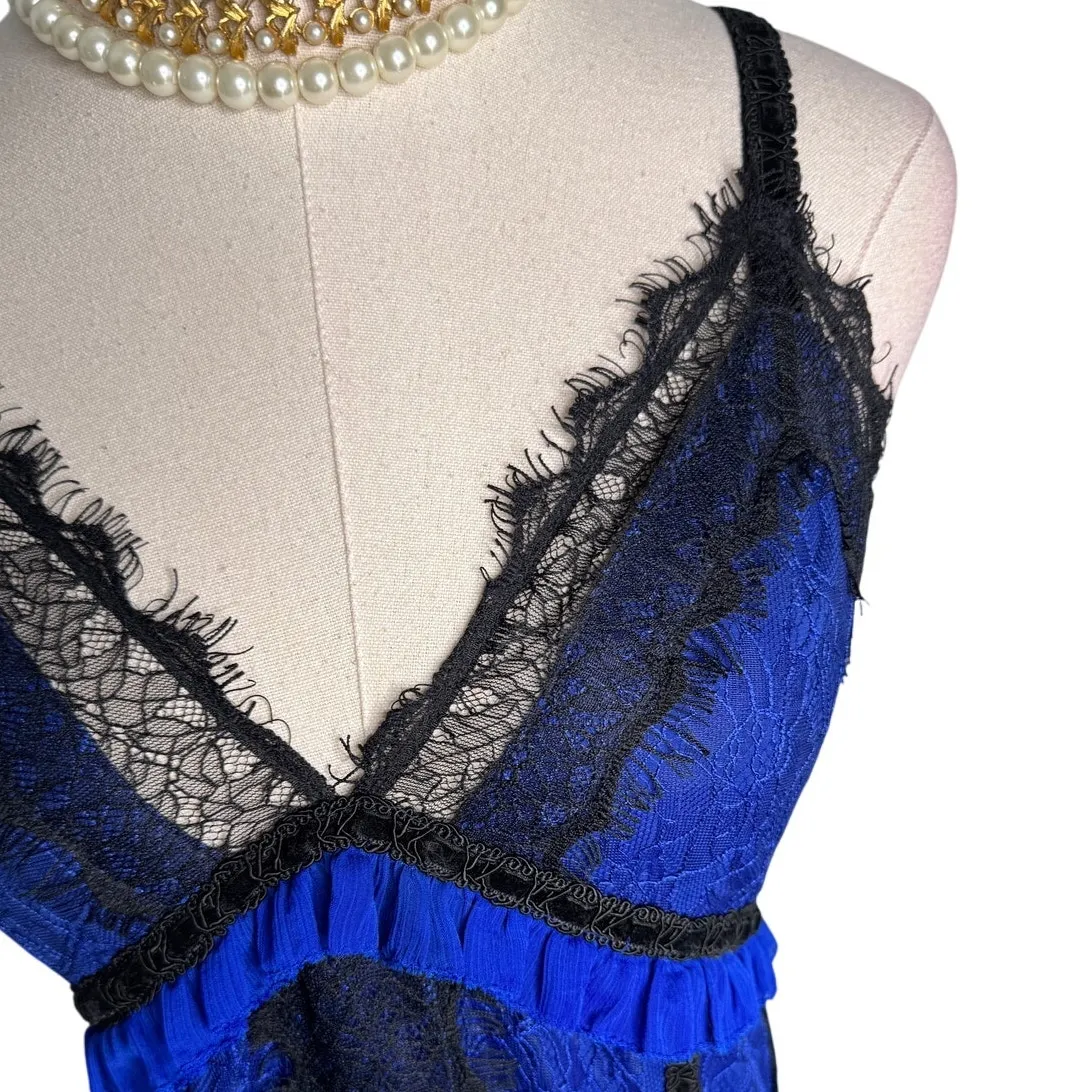 Alice + Olivia Opal Lace Handkerchief Dress Black Blue Size 6 Midi Lace Ruffle - Image 5