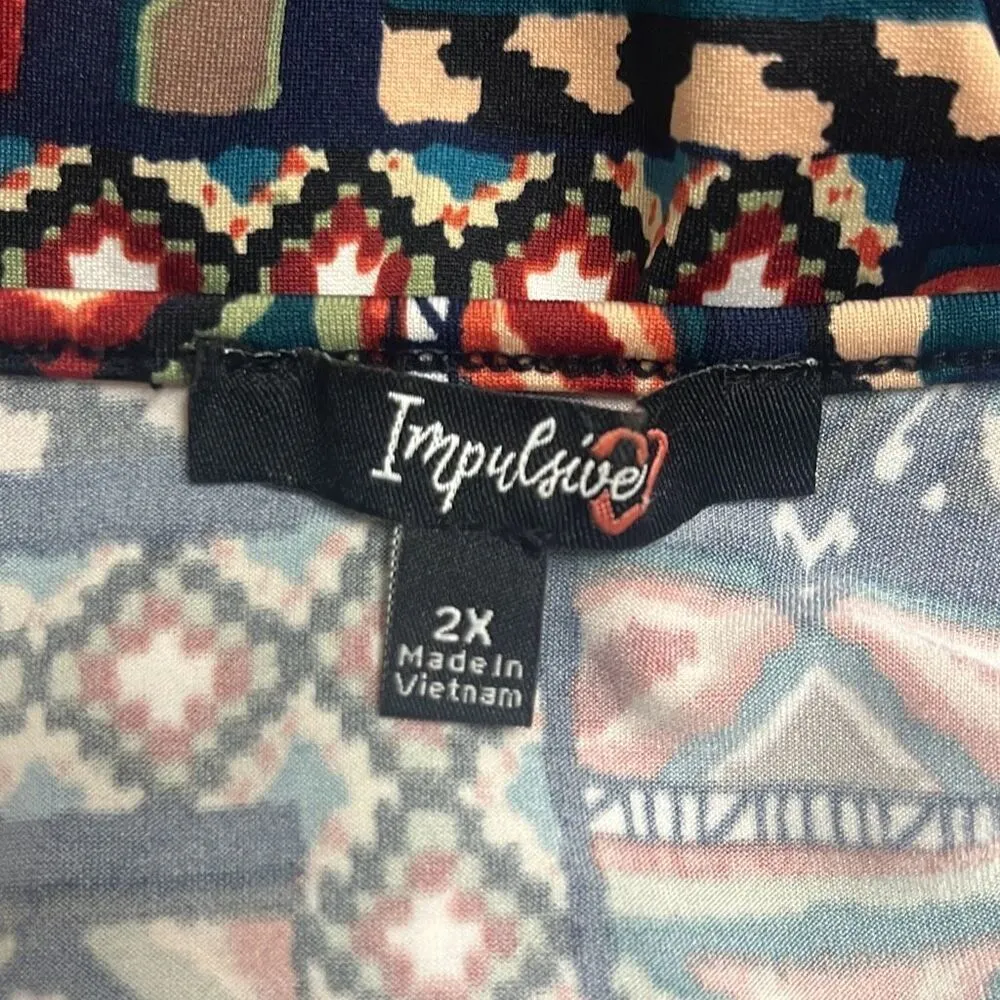 Impulsive 2X Blue Red Faux Wrap Jumpsuit Aztec Tribal Print V Neck Stretch Blue Size XXL - Image 5