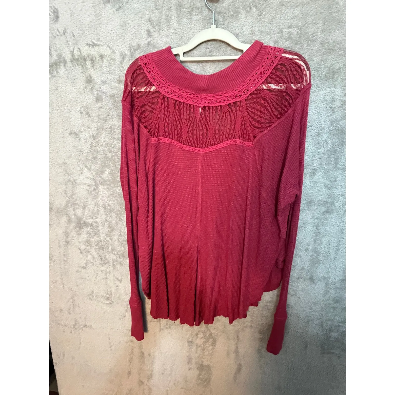 Free People Tunic Sweater Small Pink Thermal Lace Trim Boho Cottage Hippie - Image 4