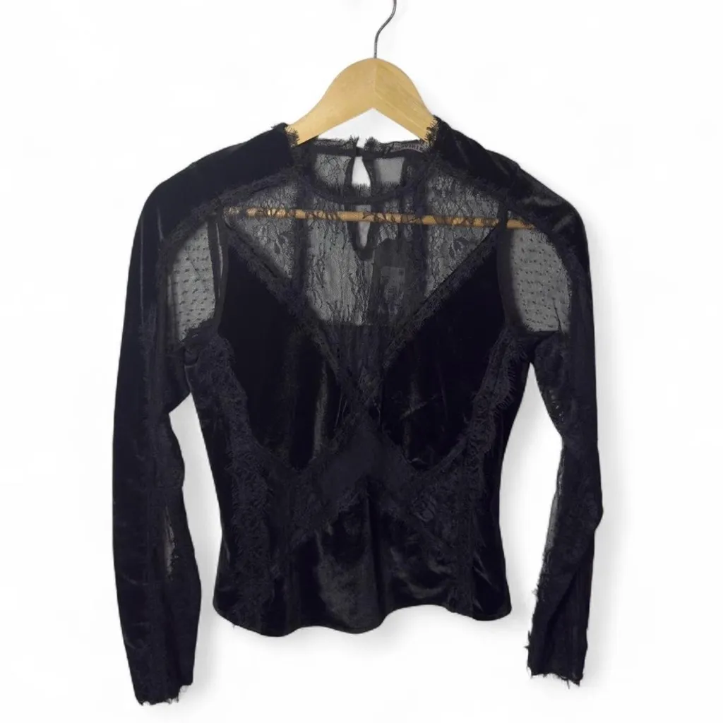 AllSaints Mila Velvet Lace Top Women's XS Black Going Out Evening Date Feminine - Image 4
