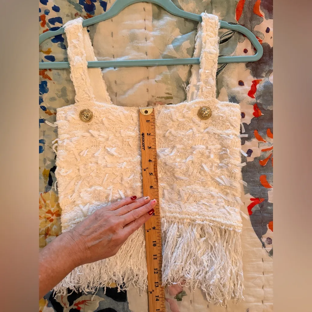 LOUISE JAMES XS Elegant Cream Top and Skirt Set Fringe Detail Tweed Gold - Image 16