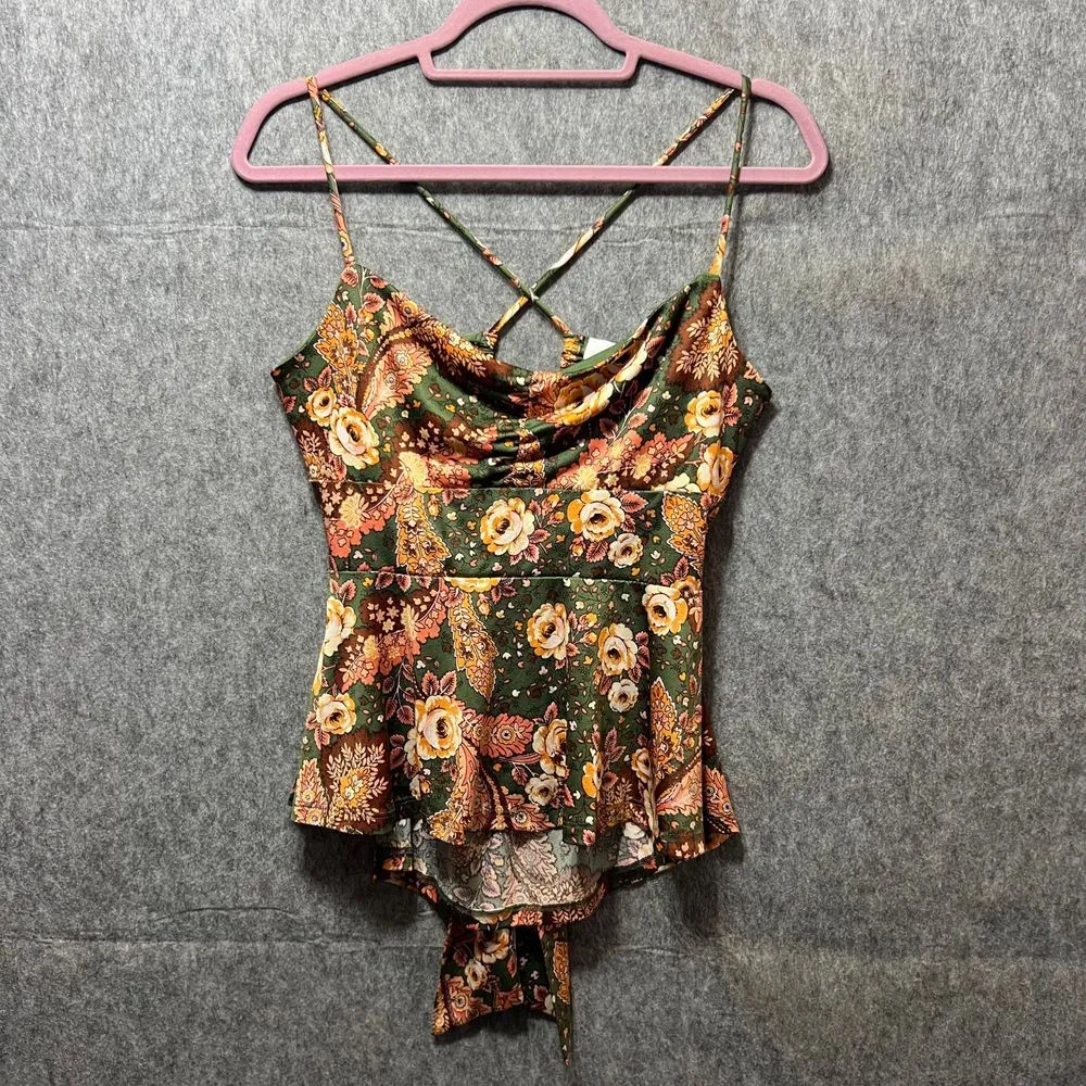 Lily White‎ Floral Cami Top Criss Cross Back Tie Peplum Green Orange L - Image 8