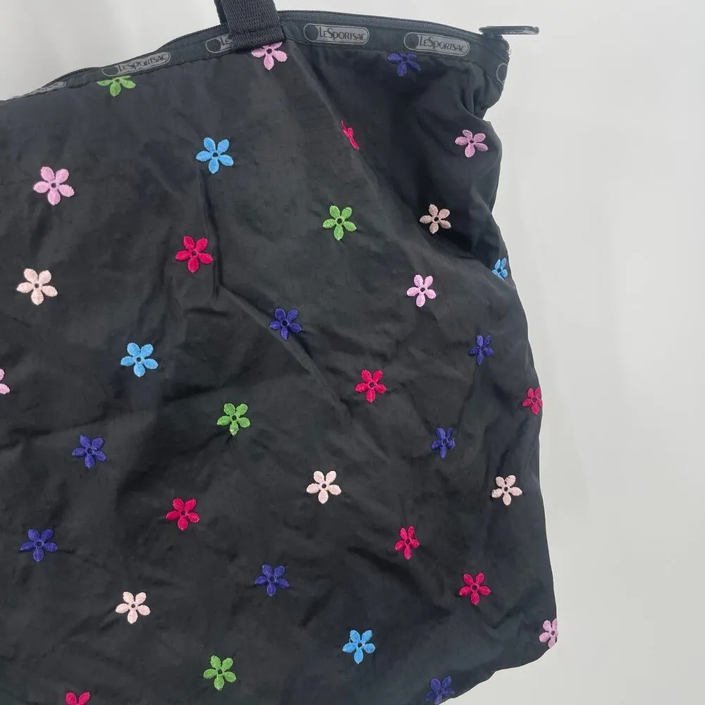 LESPORTSAC Bag Flower Embroidery Black Zipper Tote Lightweight Travel MultiColor - Image 8