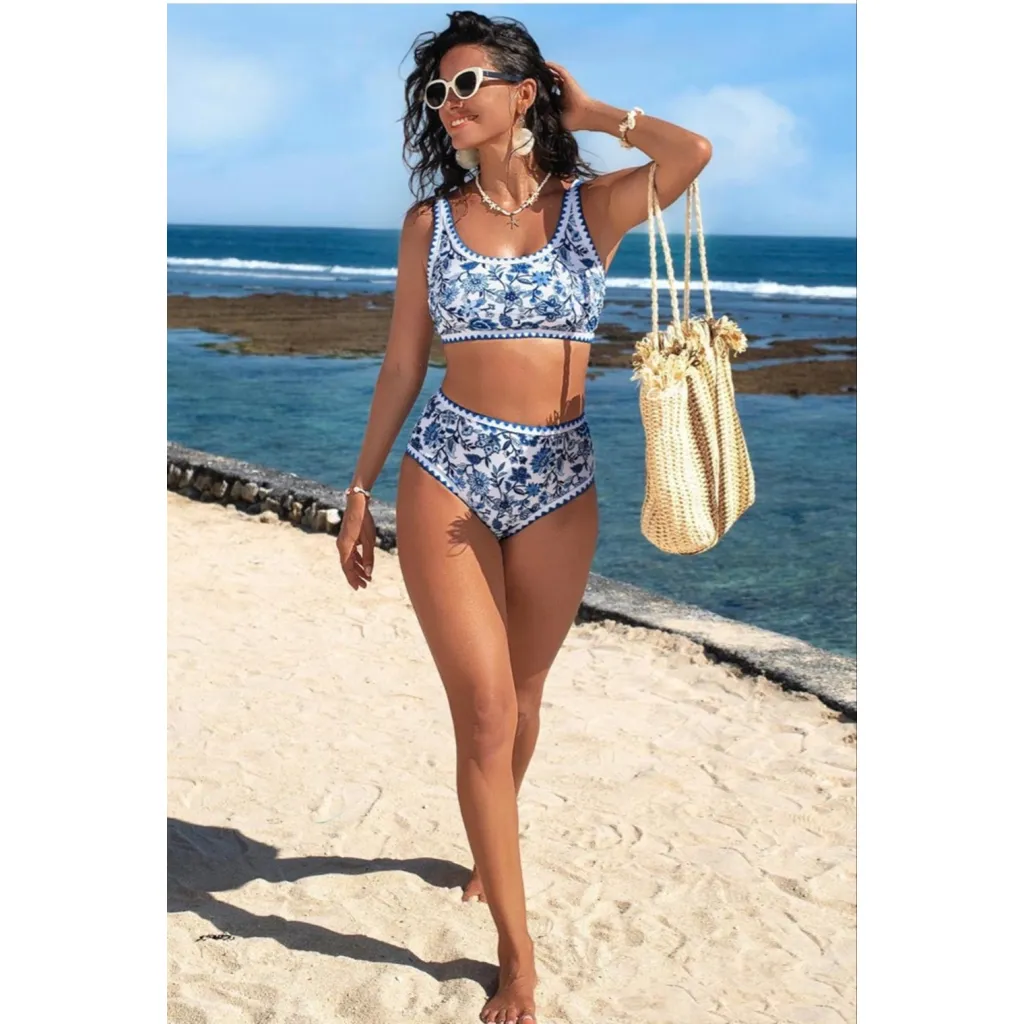 NEW Bikini Set Floral Print High Waist 2 Pc Bathing Suit Swimsuit XL White - Image 5