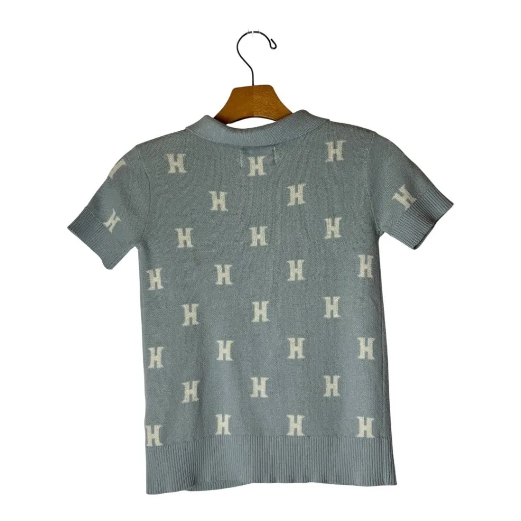 Honor The Gift Sweater Women XS Blue Gray Knit Monogram Short Sleeve Polo Preppy - Image 3