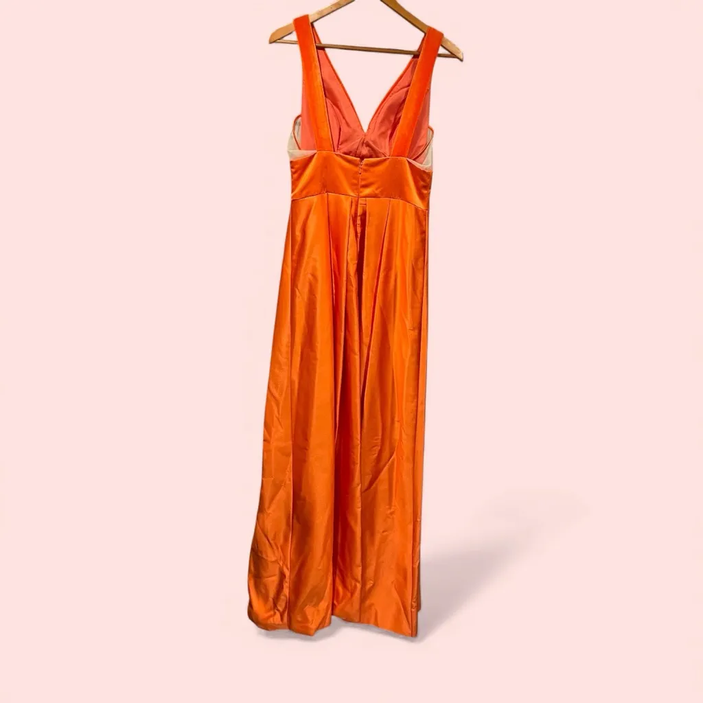 Stunning tangerine dream velvet deep v satin maxi dress mesh side panel ballgown - Image 2