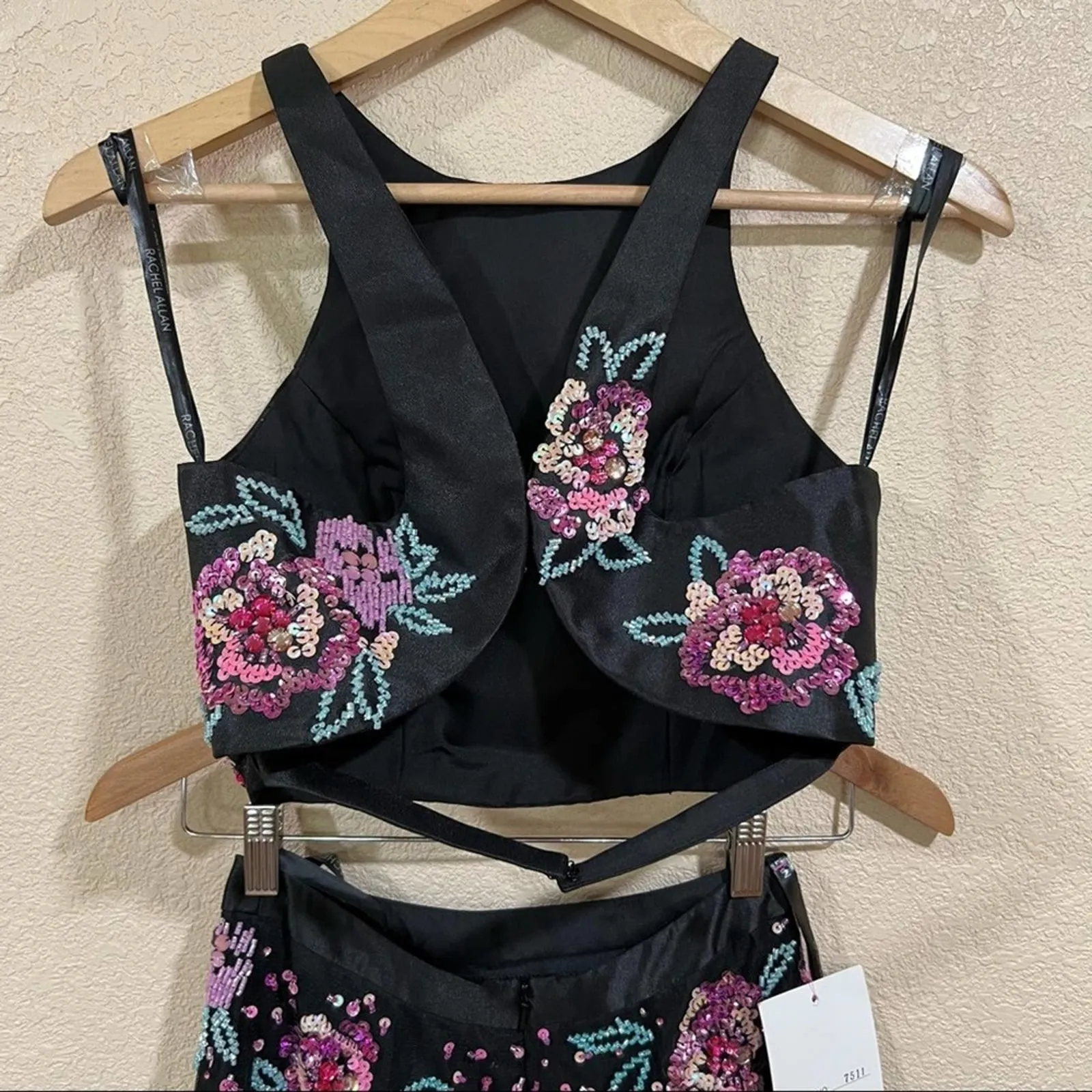 Rachel Allan 7511 floral black tulle high neckline two piece prom dress NEW 0 - Image 9