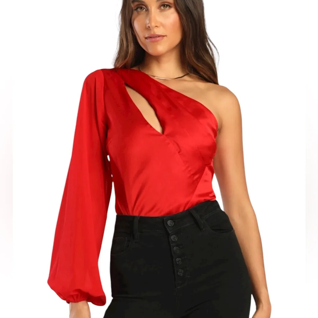 Lulu's Red One Sleeve Satin cutout front bodysuit M - Image 2