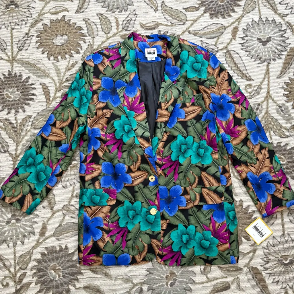 Vintage Leslie Fay Blazer Suit Jacket Tropical Floral 12 14 New - Image 3