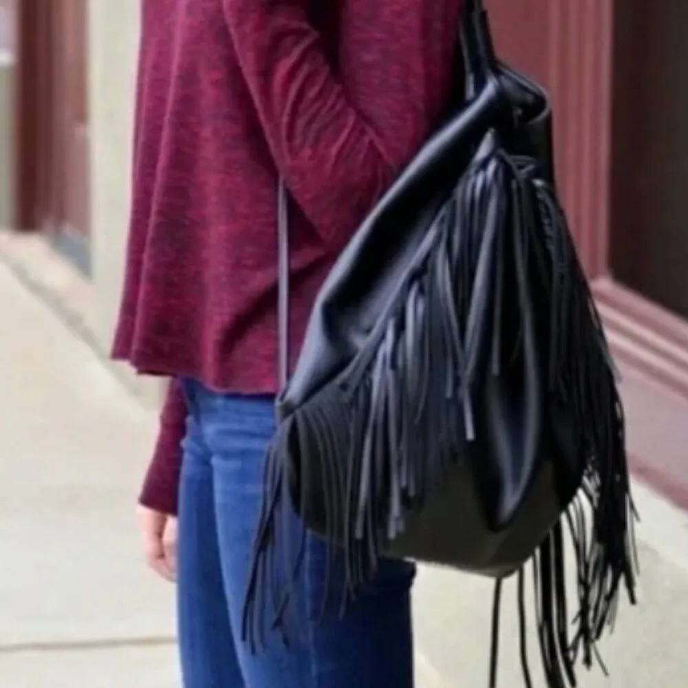 Victoria's Secret Limited Edition Black Faux Leather Boho‎ Fringe Backpack NWOT - Image 5