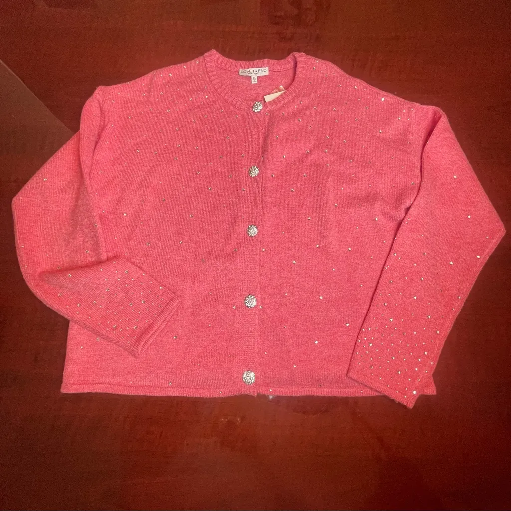 LOVETREND Coral Pink Sparkle Embellished Cardigan Rhinestones Romantic Sz XL - Image 3