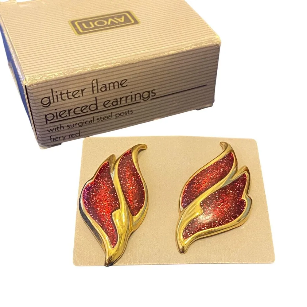 Vintage AVON Earrings Fiery Red Glitter Flame GoldTone Post Pierced Statement - Image 3