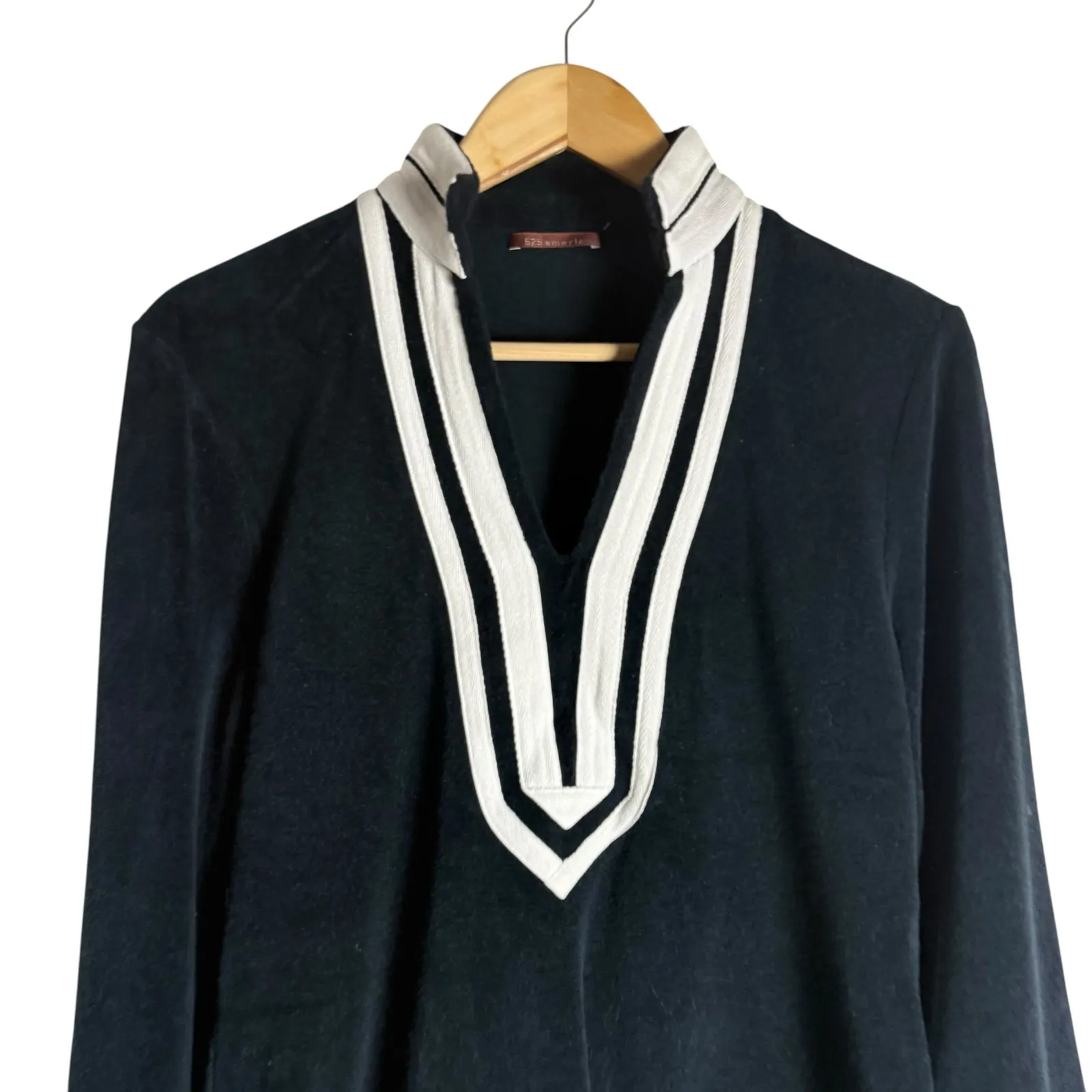 525 America Black White Trim Long Sleeve Split Neck Tunic Sweater Size M - Image 2