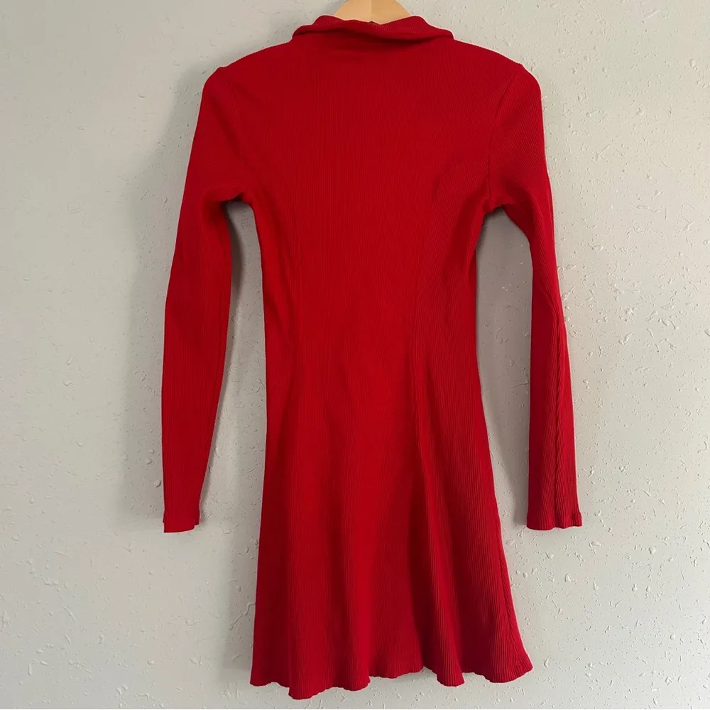 Zara Red Collared Ribbed Mini Dress Holiday Party Winter Casual Large - Image 3