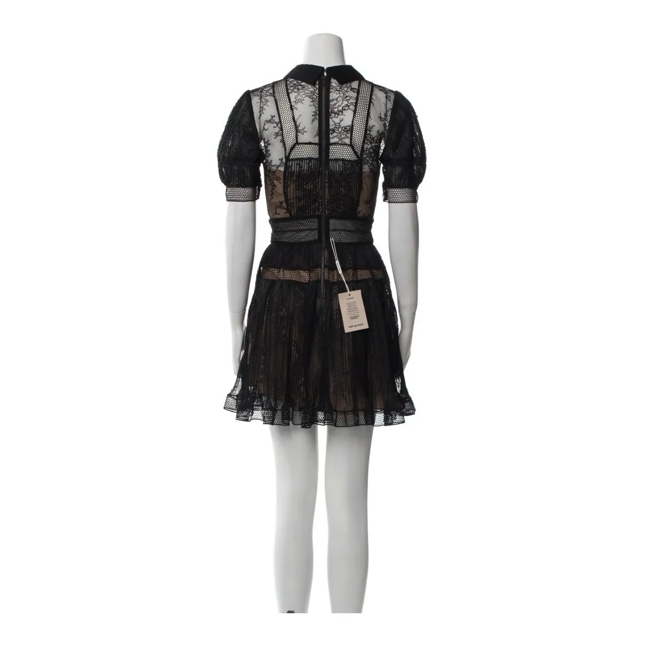 Self Portrait Short Sleeve W/ Collar Fine Lace Mini Dress Black size US 2/UK6 - Image 3