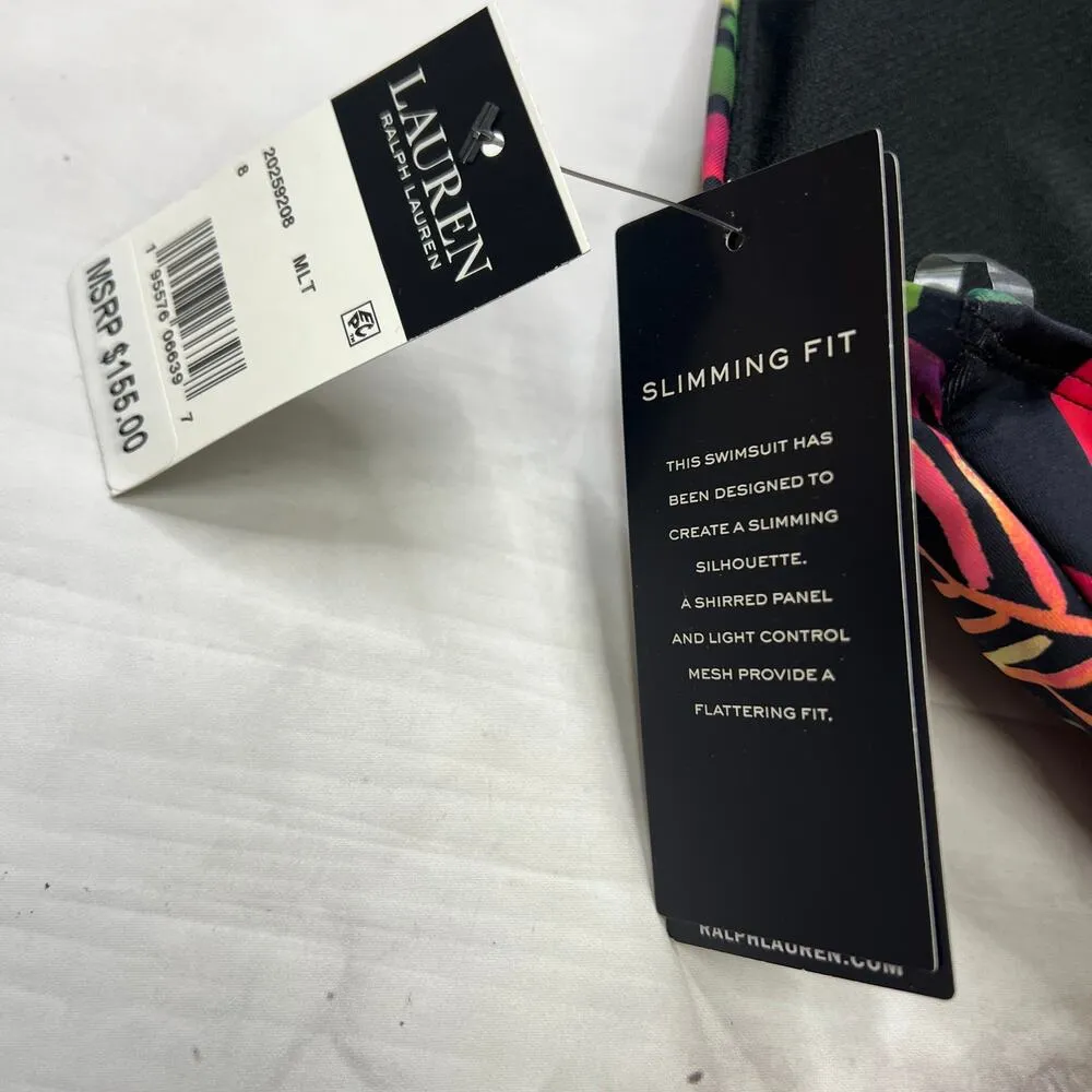 LRL Ralph Lauren Midnight Tropical High Neck One Piece Swimsuit Size 8 Keyhole - Image 7