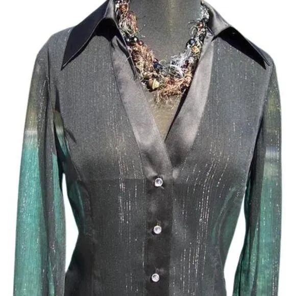 Cache Luxe Black Sheer Illusion Silver Metallic Thread Top New Satin $178 NWT - Image 2