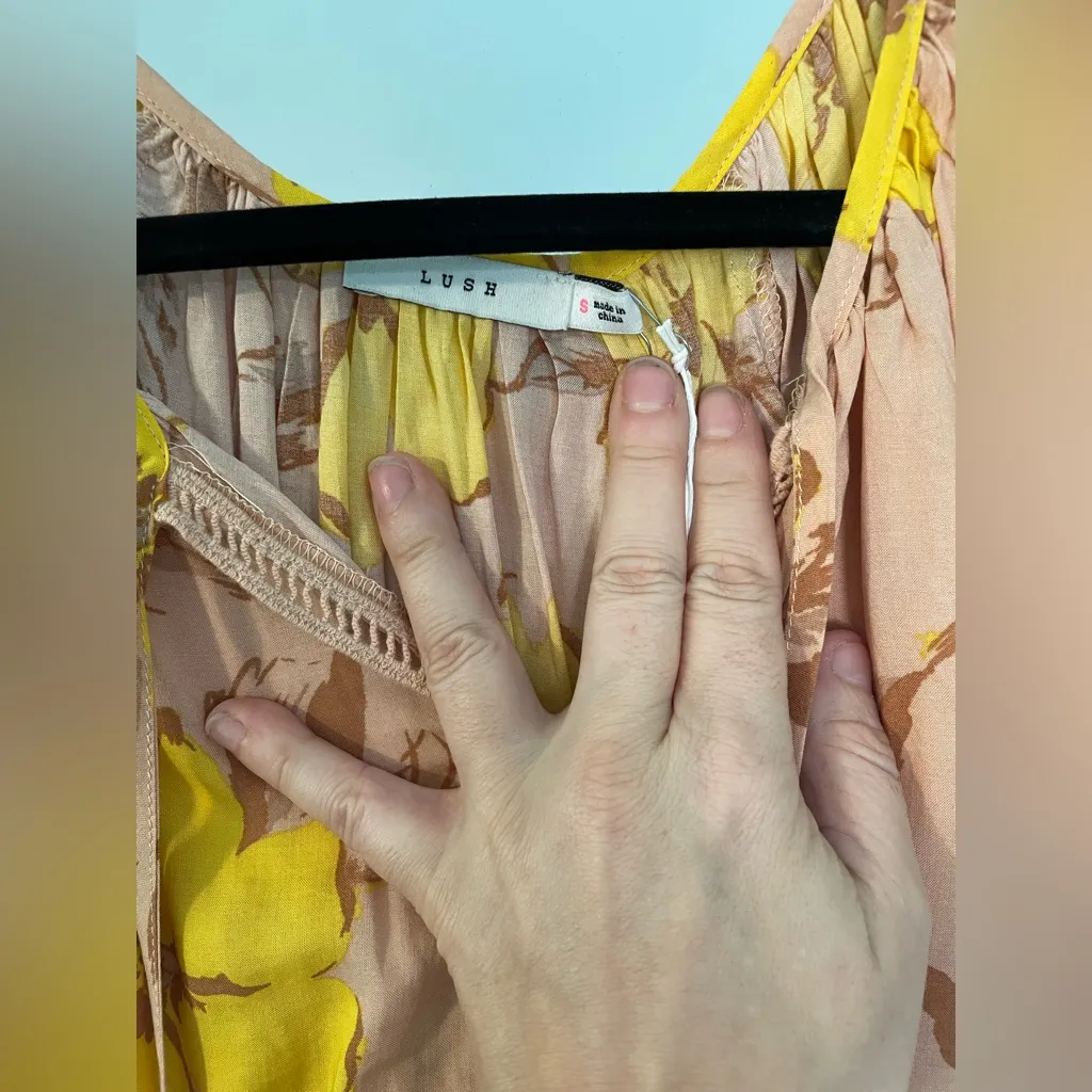 LUSH Floral Print V Neck Tie Blouse Yellow Pink Short Sleeve Casual Top S Cotton - Image 7