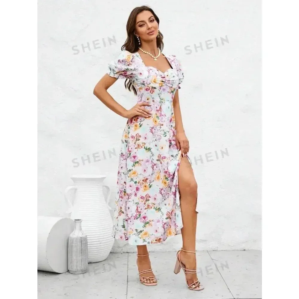SHEIN Women's Small Floral Puff‎ Sleeve A-Line Multicolor Spring Midi Dress - Image 6