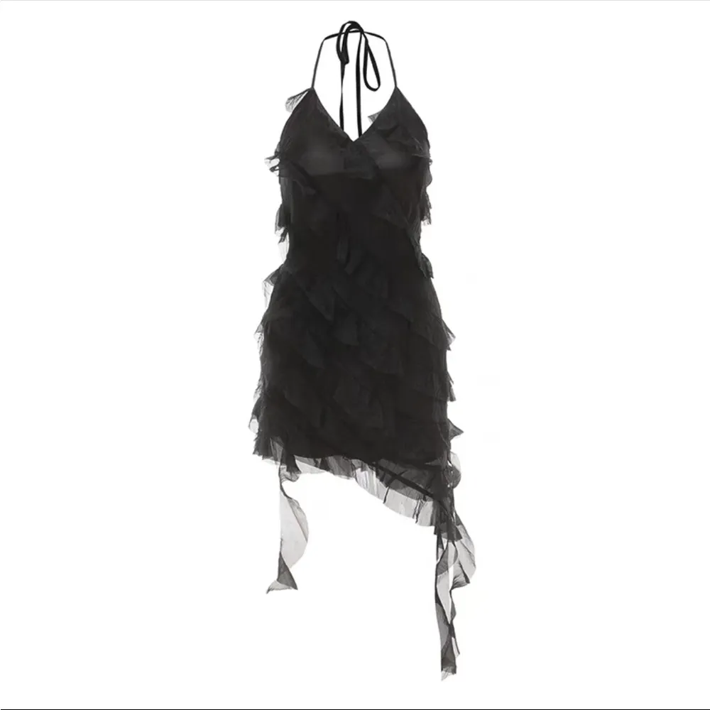 Black Y2K Halter Asymmetrical Ruffle Elegant Tiered Mini Dress Size XS - Image 3