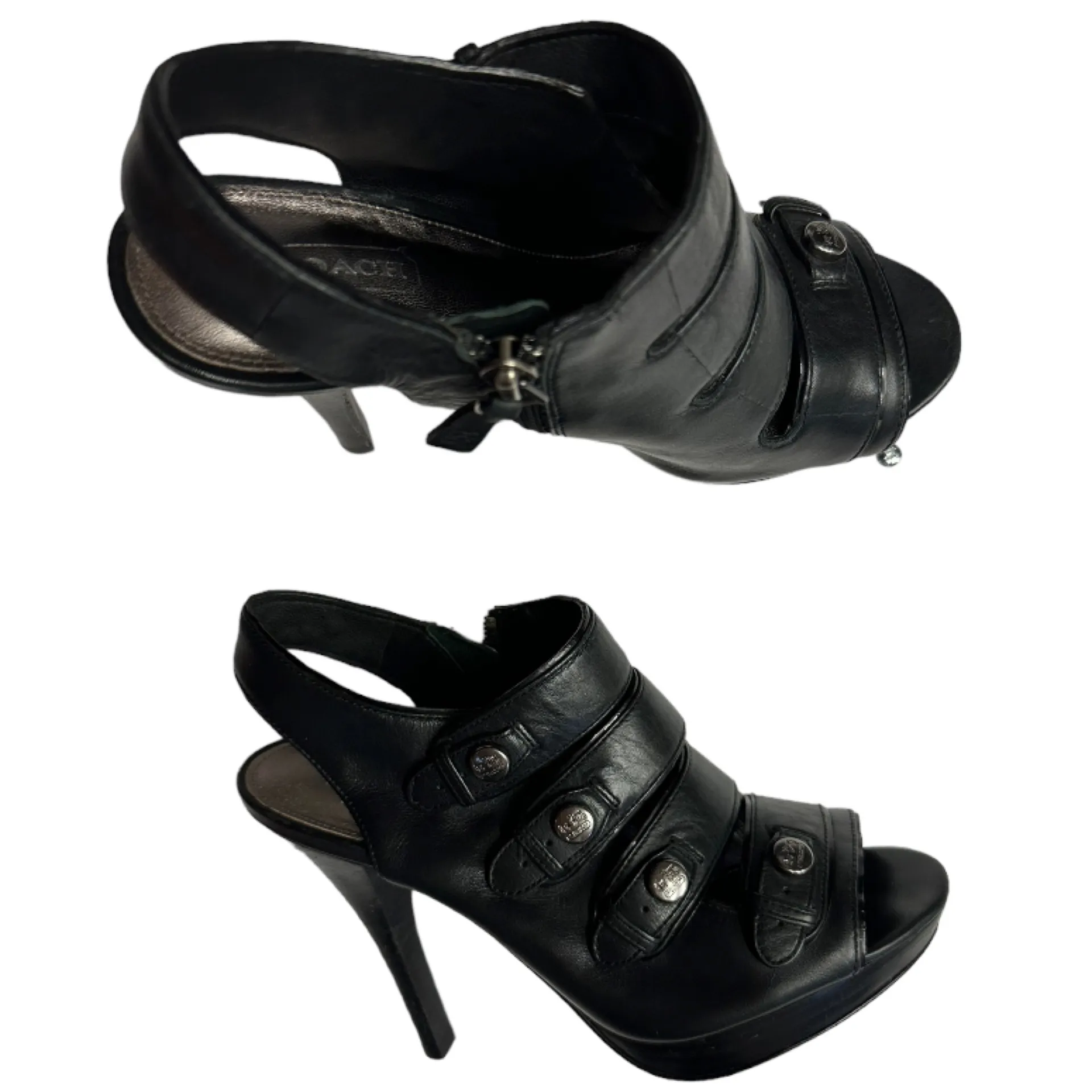 COACH SANDRA CALF BLACK LEATHER OPEN TOE‎ STRAPPY HEELS PLATFORM Size 6.5 - Image 4