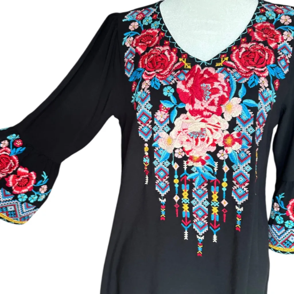ANDREE BY UNIT Flare Sleeve Embroidered Floral Boho Shirt Sz S‎ - Image 3