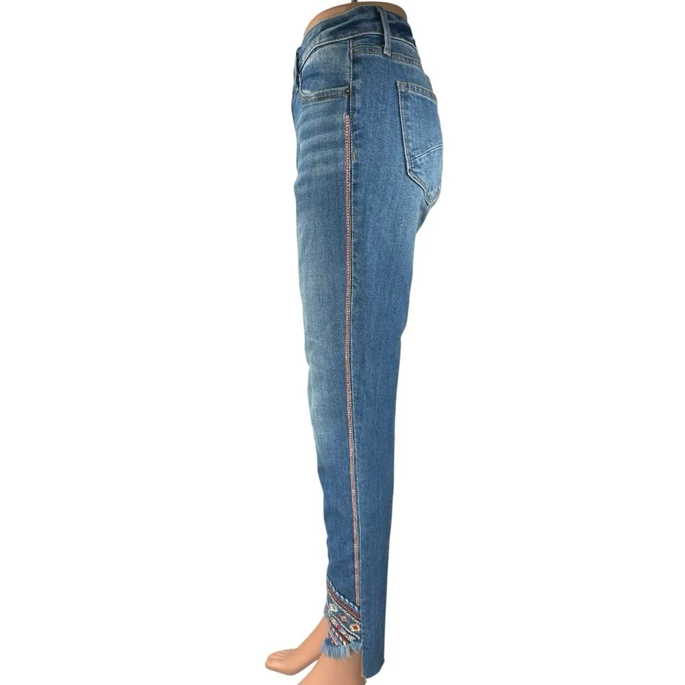 Driftwood Jackie High Rise Blue Embroidered Tribal Boho Skinny Denim Jeans 28 - Image 2