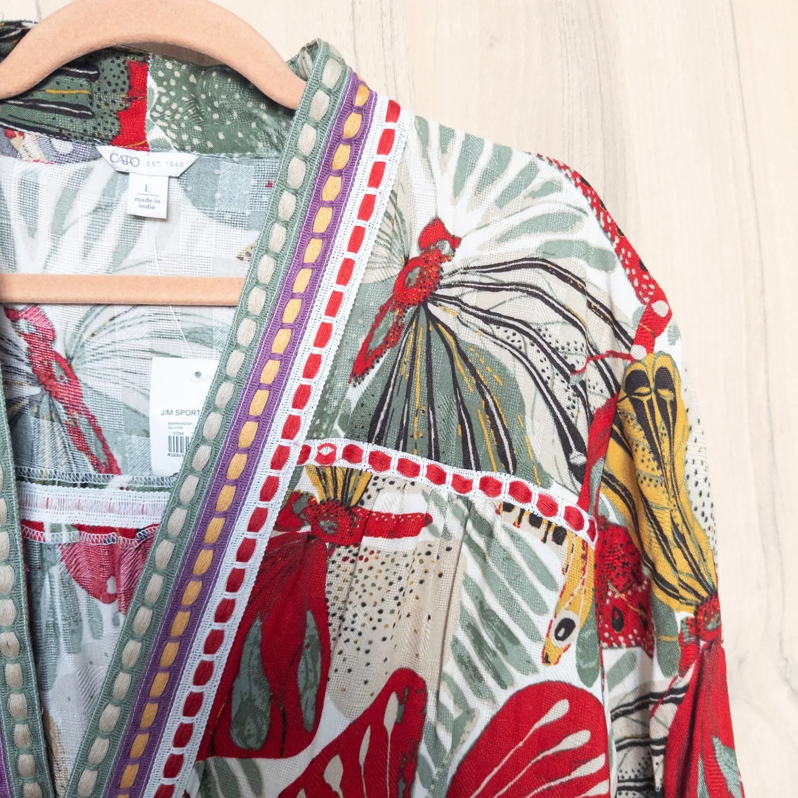 Womens Kimono Duster Size L Multicolor Embroidered Boho Floral Resort Tropical - Image 5